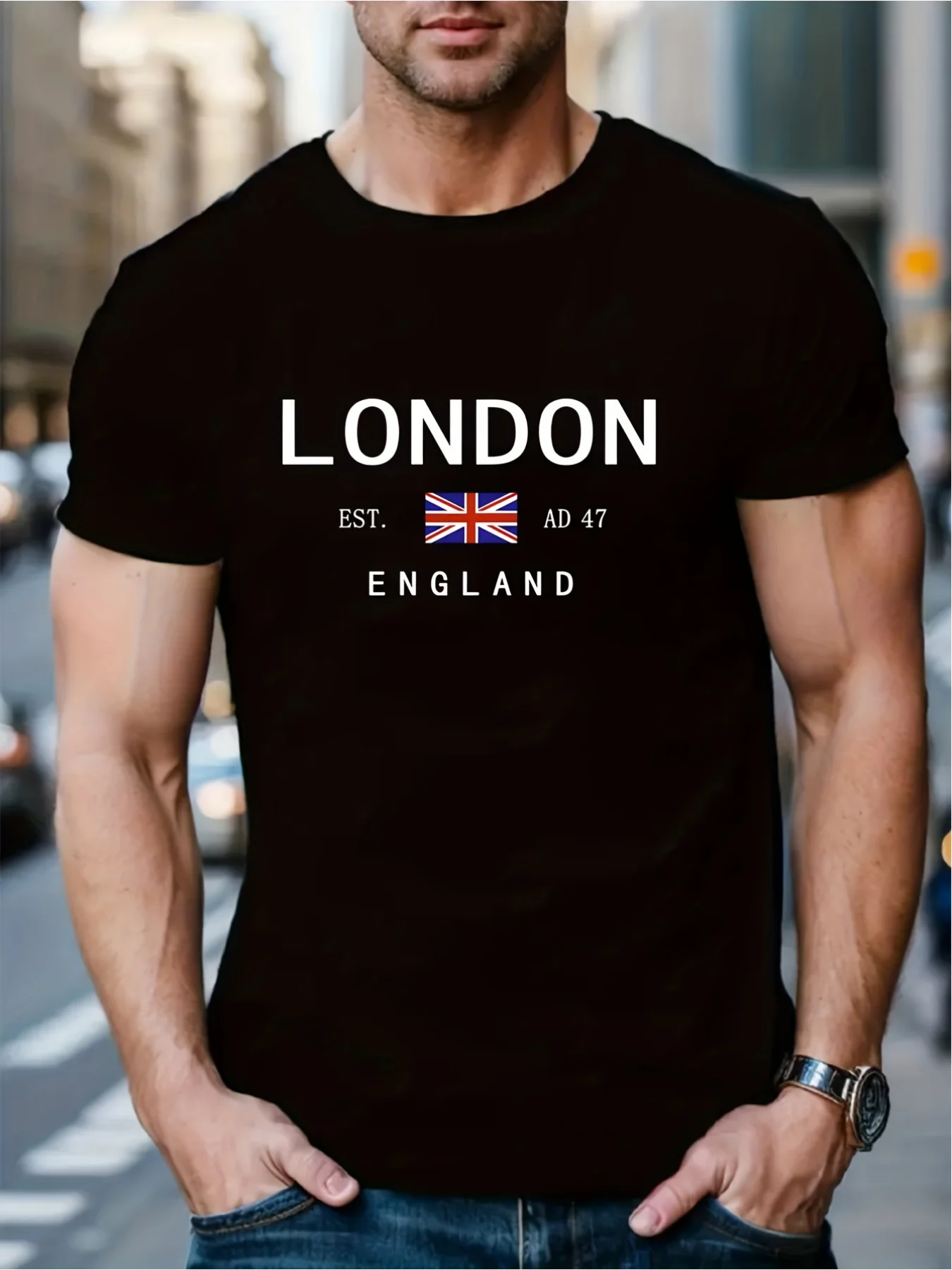 Summer men's 100% pure cotton casual loose plus size London England pattern printed round neck short sleeved T-shirt top