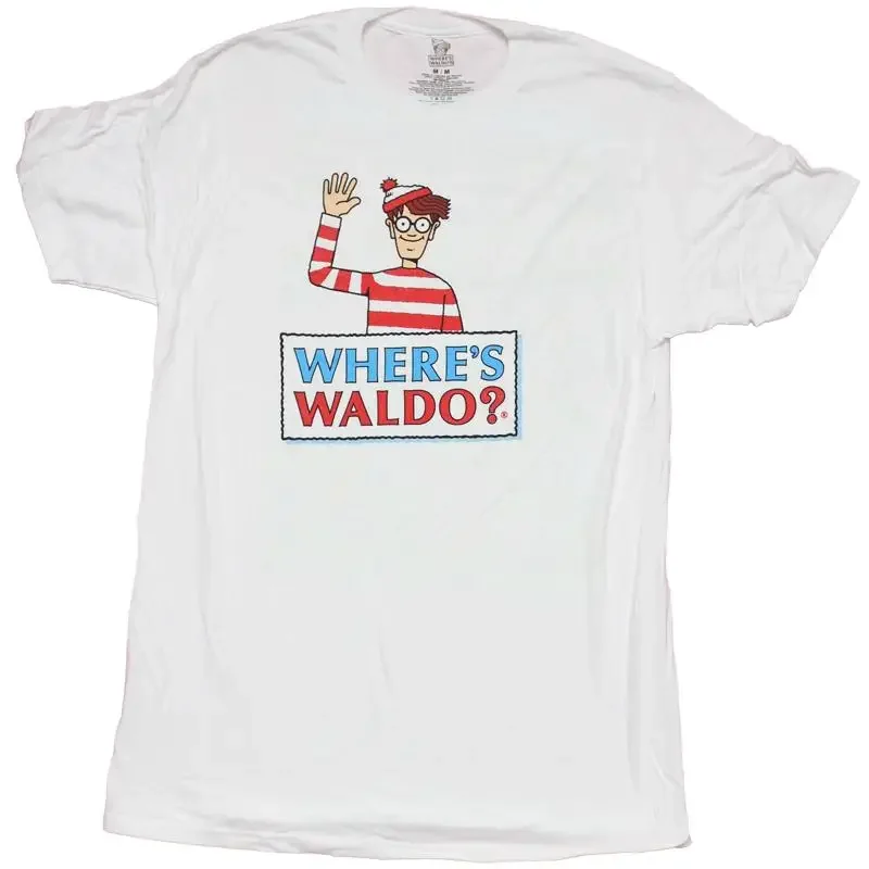 Мужская футболка Where s Waldo с большим логотипом спереди и сцены реки сзади