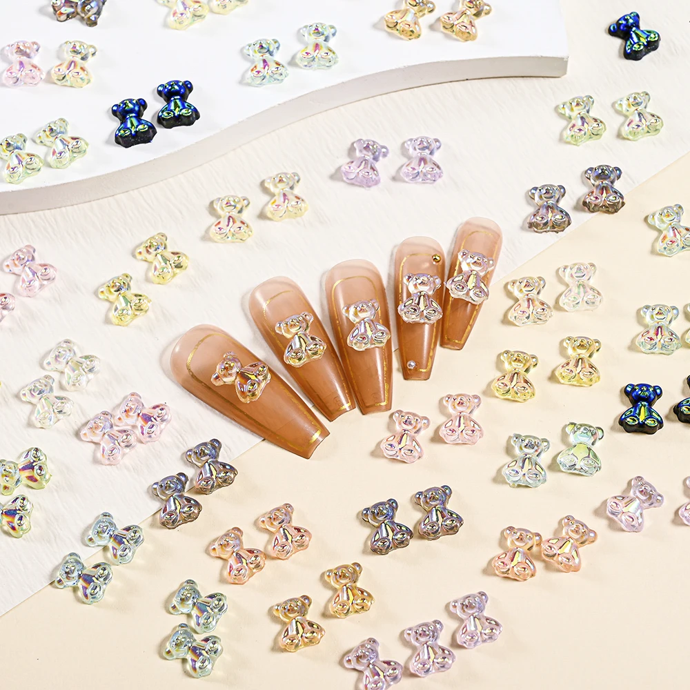 12Grids Aurora Mini Bear Nail Art Charms Mixed-Color Kawaii Resin Bears Nails Decoration Lovely Manicure Rhinestones Accessories