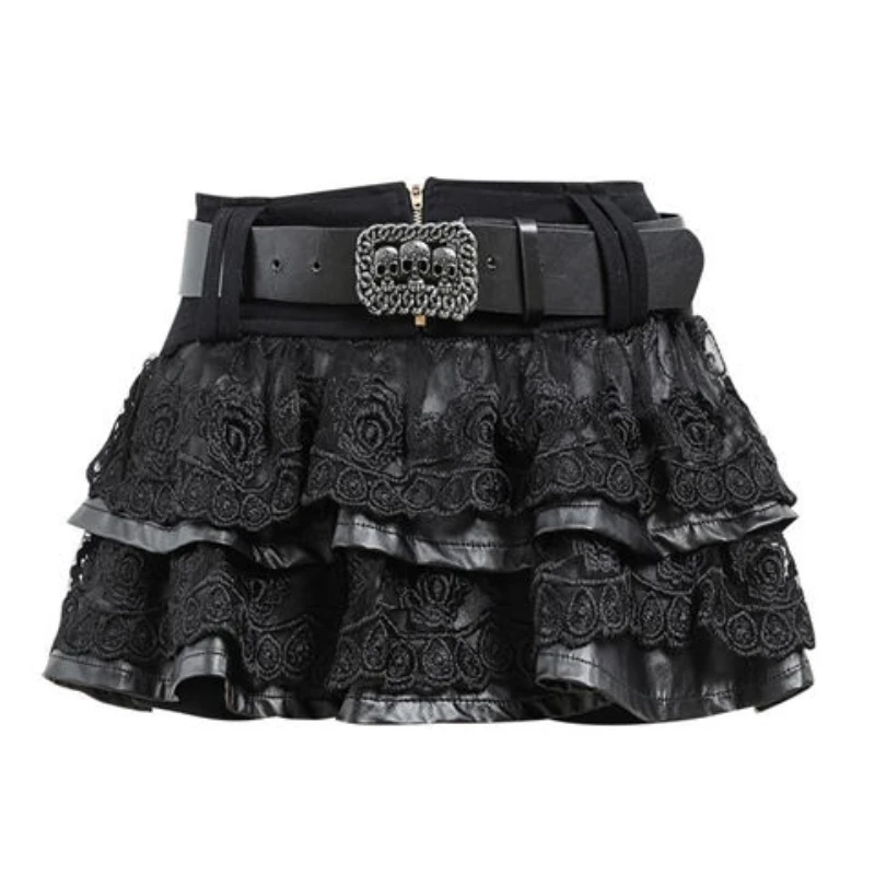 Punk Pu Leather Lace Patchwork Mini Skirt with Belt Women Sexy Japanese Y2k Harajuku Skirts Girls Goth Short Black Faldas Mujer