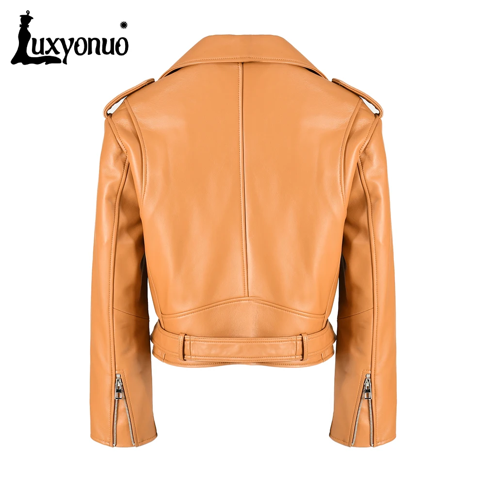 Luxyonuo-Veste de motard en cuir véritable pour femme, manteau en peau de mouton avec ceinture, fermeture éclair moto, printemps, nouveau, 2023