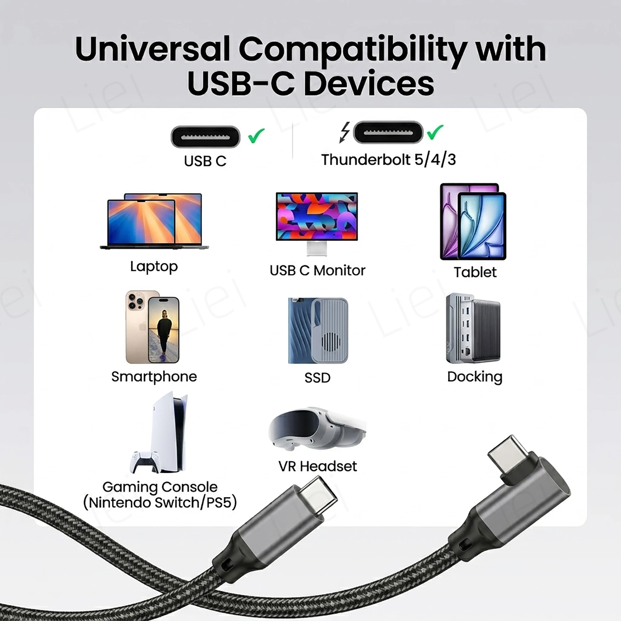 Kabel do monitora 20 Gbps 5K/4K, kabel USB typu C z kątowym złączem 90 stopni w kształcie litery L °   Transfer danych USB3.2 Gen2x2, ładowanie PD 240W — zdjęcie produktu 6