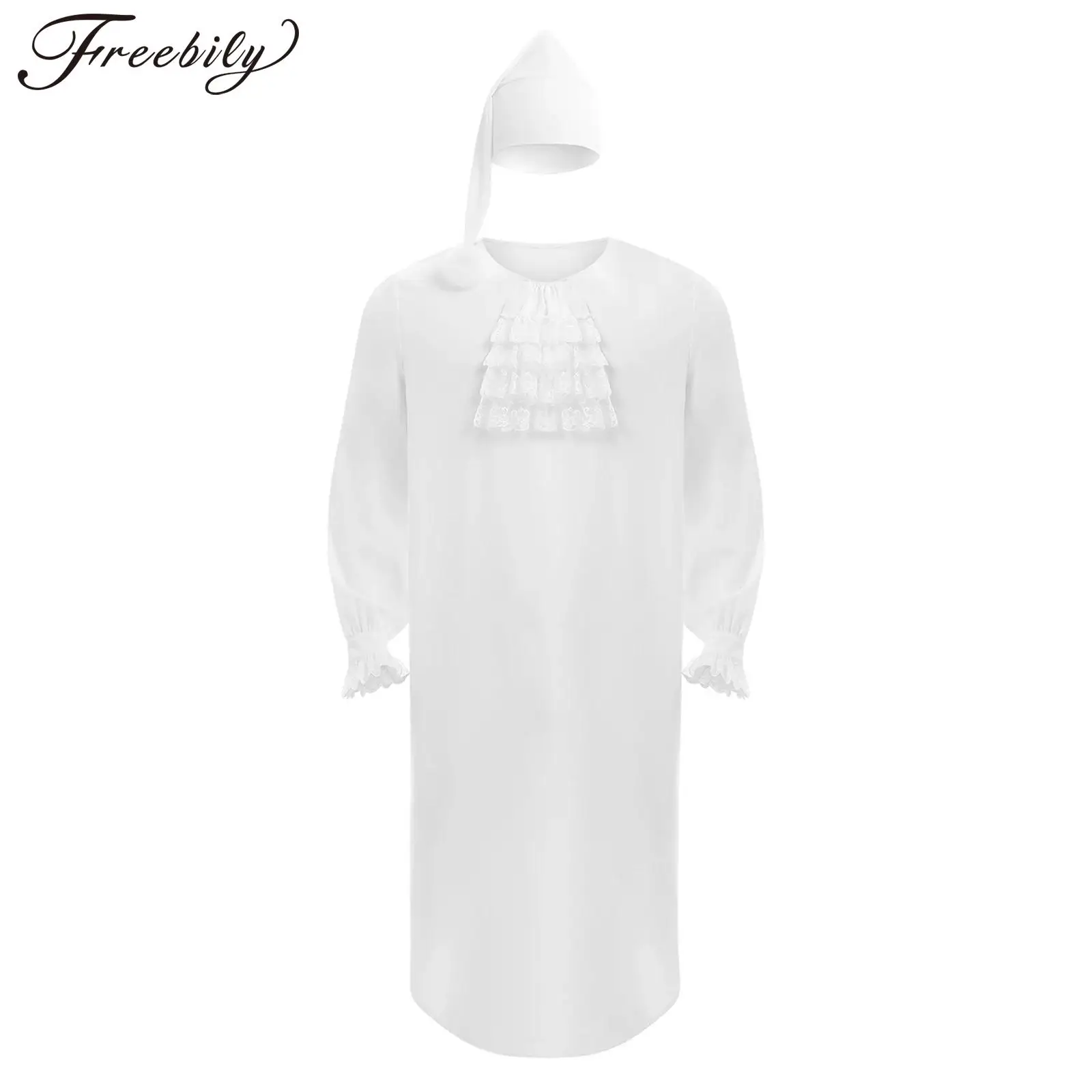 Men Soft Loose Sleep Robe Nightgown Long Sleeve Victorian Style Lace Trim Night-Robe with Nightcap Nightwear Halloween Costume