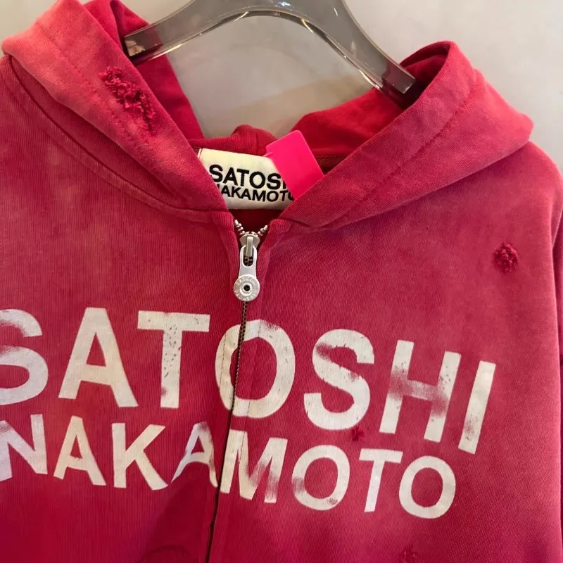 Red Washed Satoshi Nakamoto Distressed Zip Up Jacket Men Women Broken Hole Pure Cotton Oversized Hooded Sweatshirt