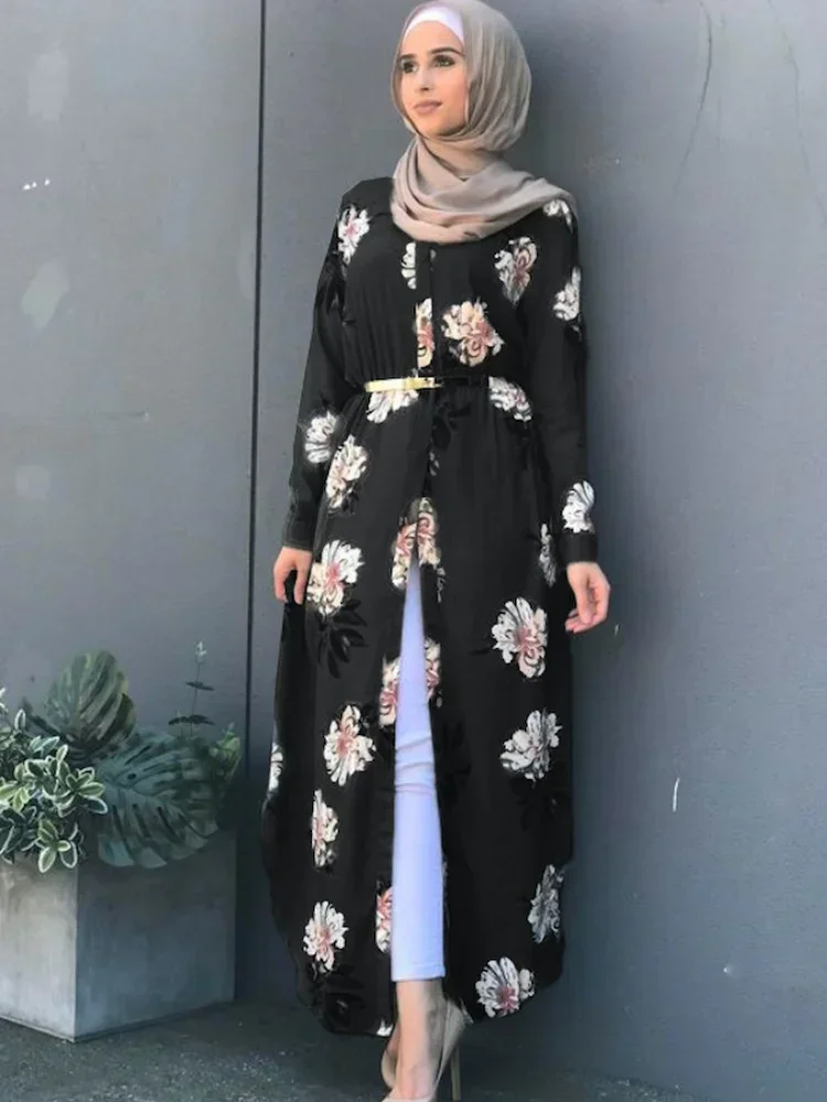 Dubai eid muçulmano abaya vestido feminino novos roupões impressão floral magro manga longa islâmico eid casual vestido longo vestidos longos ramadan