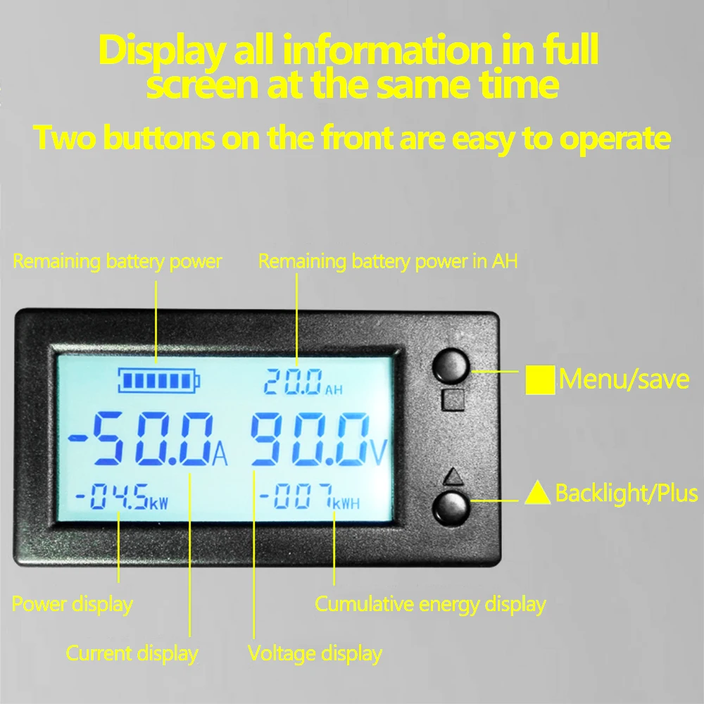 50A 100A 200A 400A STN LCD Hall Coulomb Meter Counter Voltage Current Capacity Power Indicator Display eBike Car Isolation