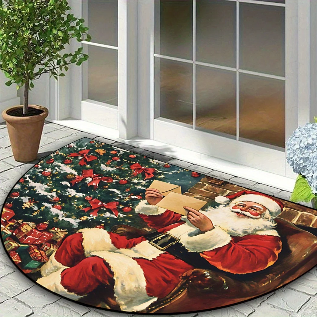 VIKAMA Weihnachtsteppich für den Urlaub, Weihnachtsmann, halbrunde Fußmatte, maschinenwaschbar, für Veranda, Wohnzimmer, Schlafzimmer, Badezimmerteppich