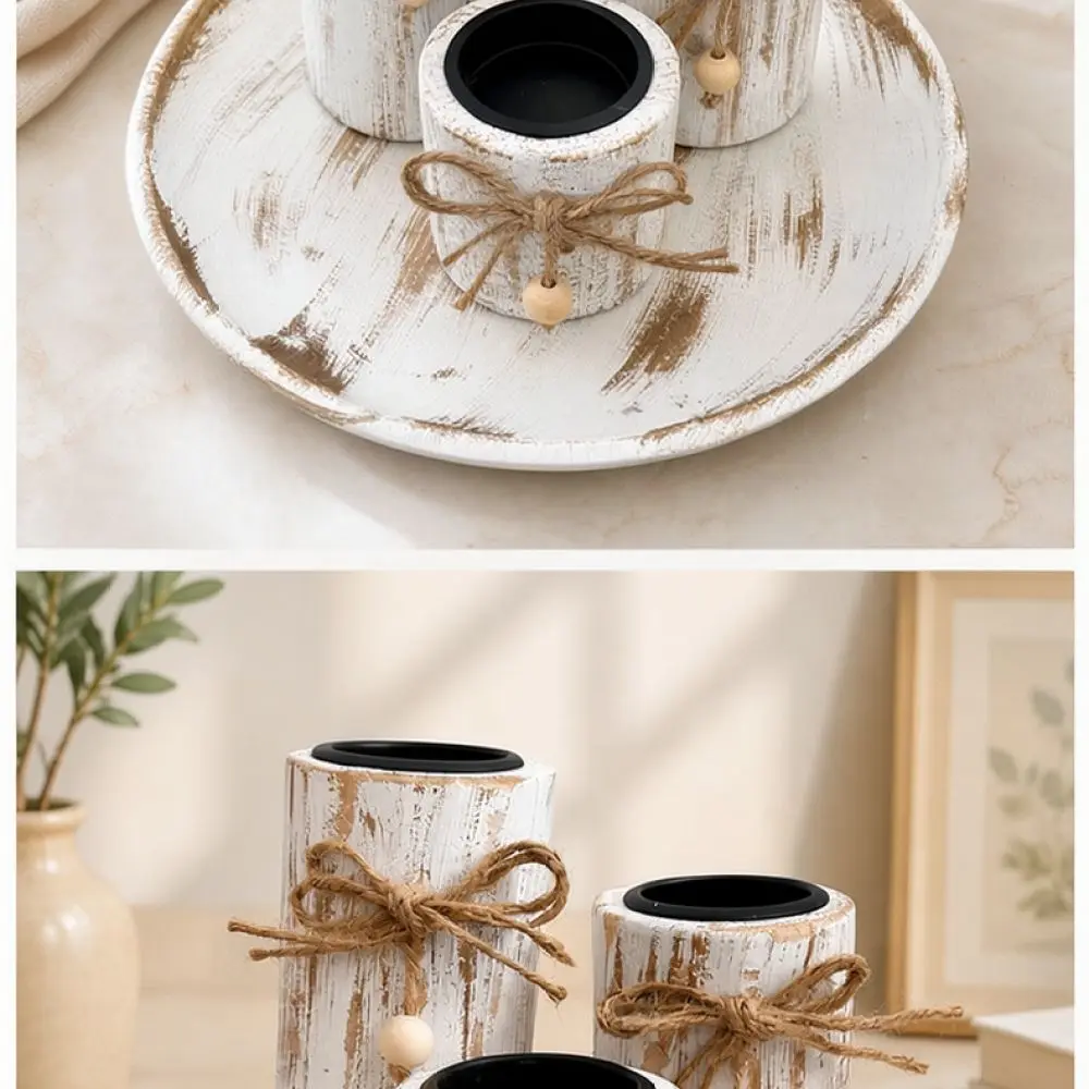 Retro Wood Candle Holder Distressed White Candlestick Stand Table Centerpiece For Wedding Party Home Interior Decor