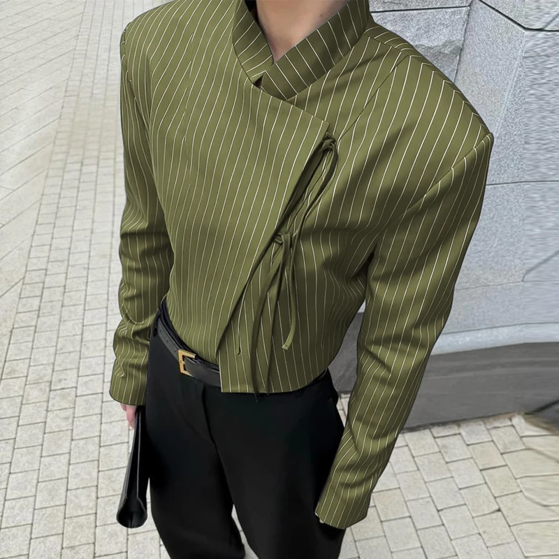 INCERUN Men Striped Blazer Stand Collar Long Sleeve Lace Up Casual Thin Crop Coats Men Streetwear 2025 Fashion Male Suit S-3XL