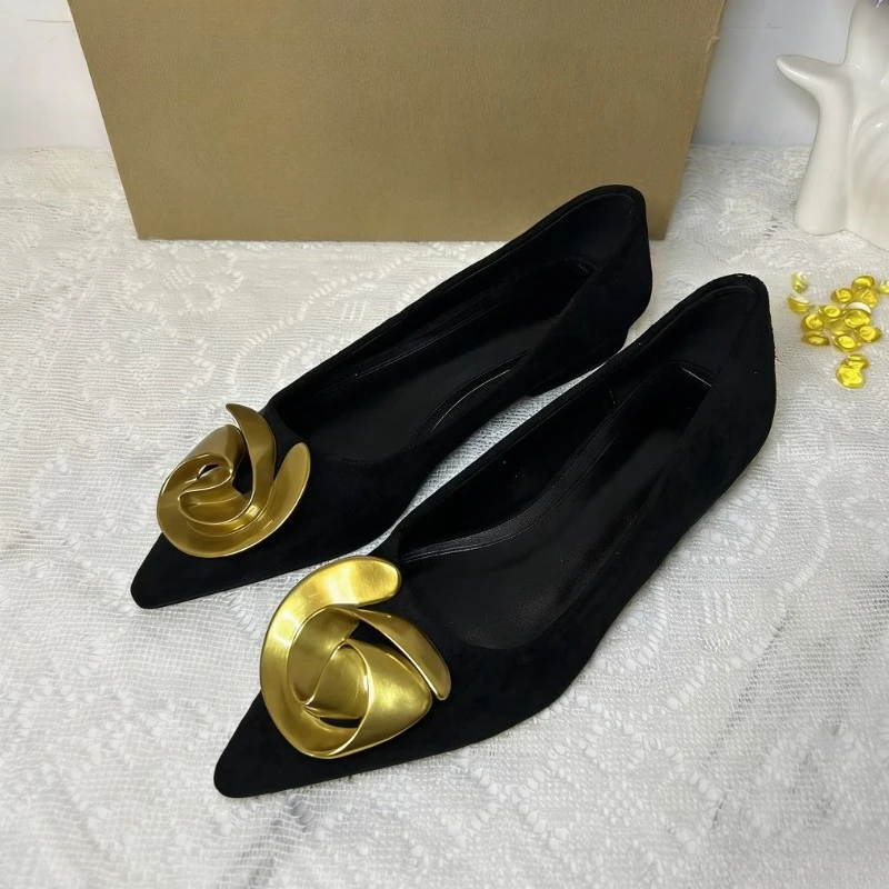 Slip-on Black Lady Office Shoes 2025 Summer Gold Metal Buckle Pointed Toe Shallow High Quality Comfortable Walking Women Flats