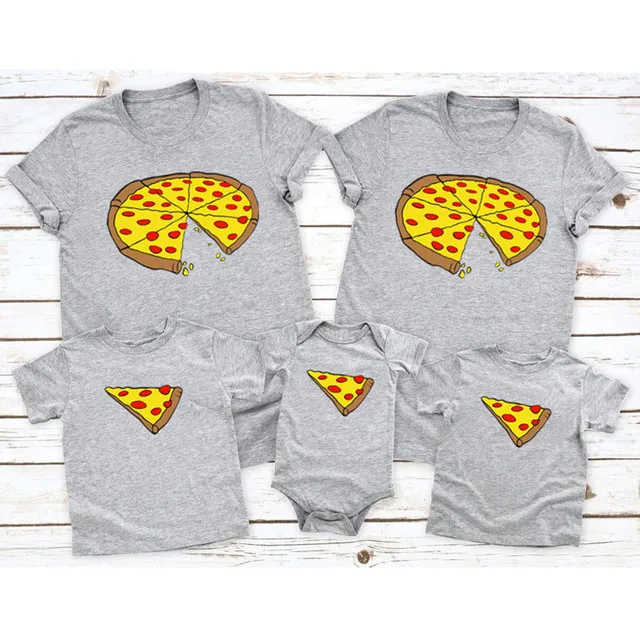 Funny Pizza Print Father Mother Kids T-Shirt Baby Bodysuit Cotton Summer Family Matching Outfits Mom Dad Children Match Clothes