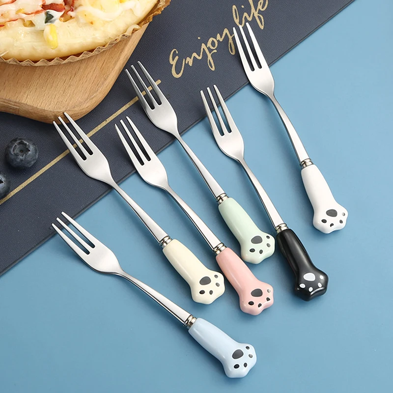 Cartoon Cat Paw Stainless Steel Fruit Fork Food Grade Edges Mirror Polished Portable Tableware Fork For Adults Kids