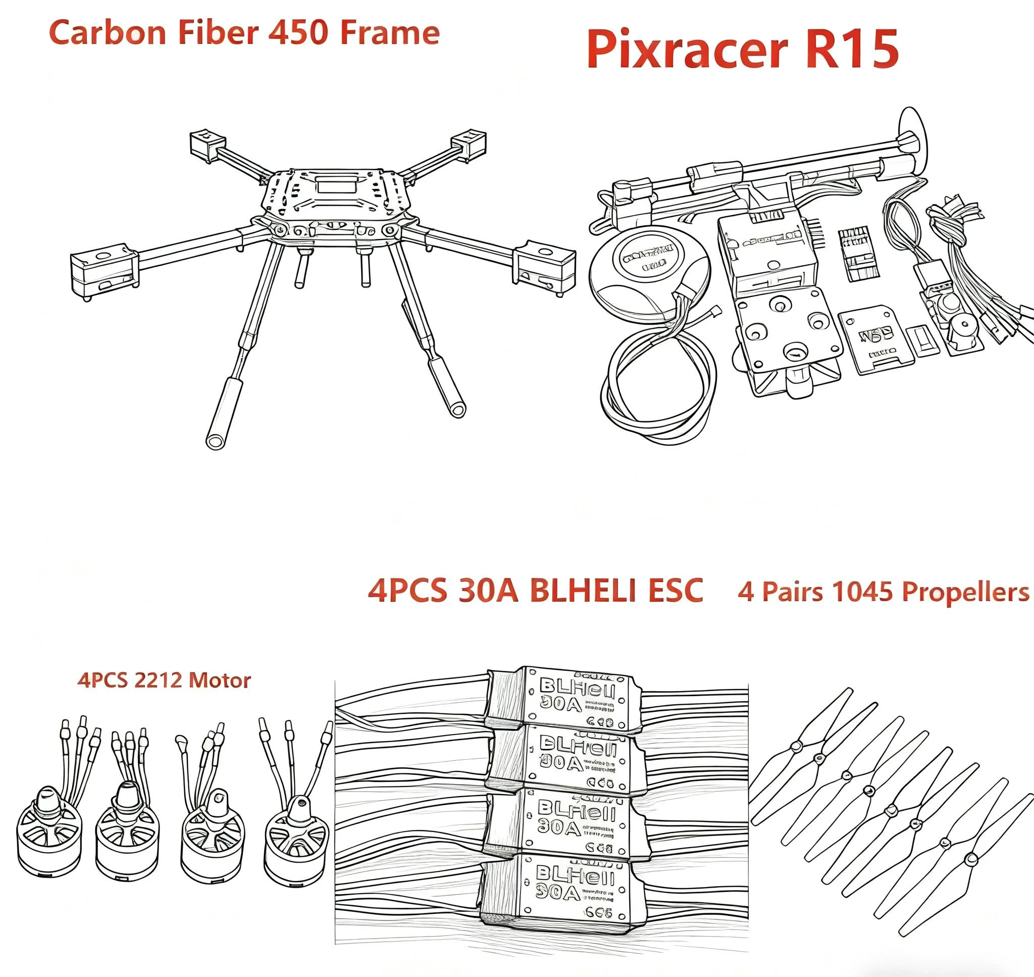 

FPV Carbon Fiber 450 Frame Kit Pixracer R15 Flight Control Ardupilot Quadcopter BLHELI 30A ESC 2212 Motor