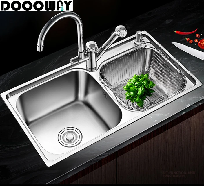 

Kitchen Accessories Polished Stainless Steel Double Bowl Kitchen Sink With Kitchen Faucet and Handhold Shower