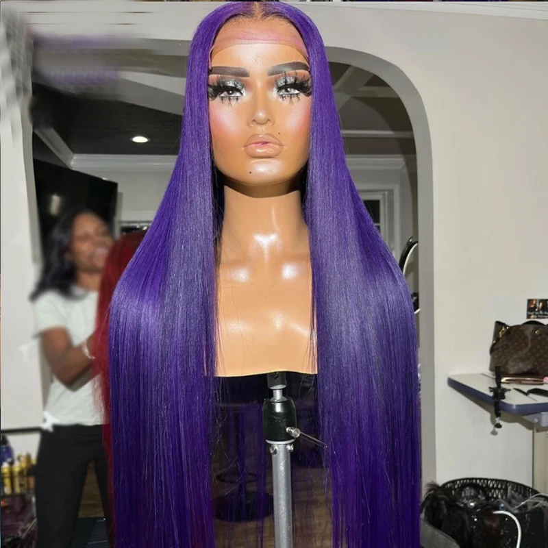 Purple Glueless 180Density 26 inch Long Purple Lace Front Wig Synthetic For Women Baby Hair Heat Resistant Daily