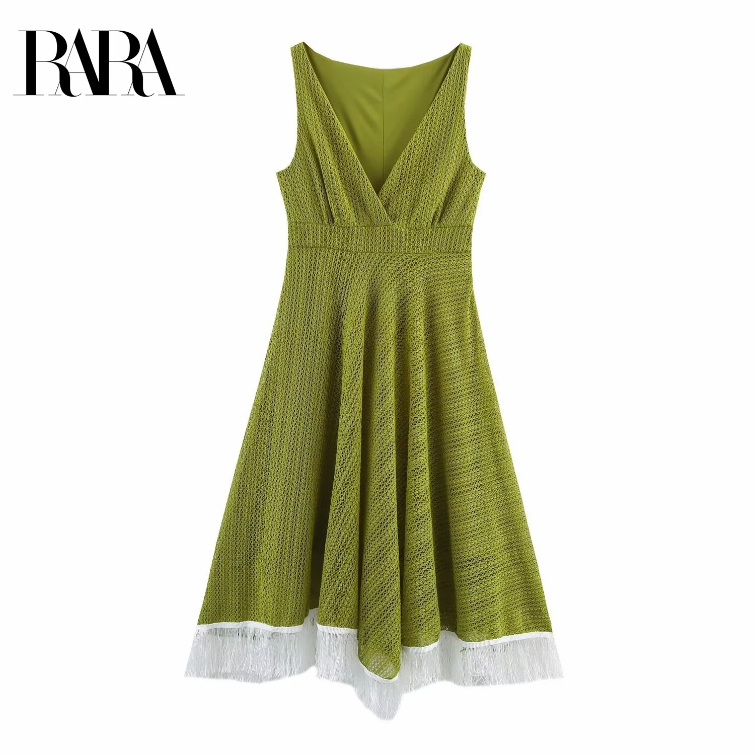 

RARA Womens Elegant V Neck Sleeveless Vest Style Mid Length Knitted Hollow Out Dress with Hem Fringe Decoration