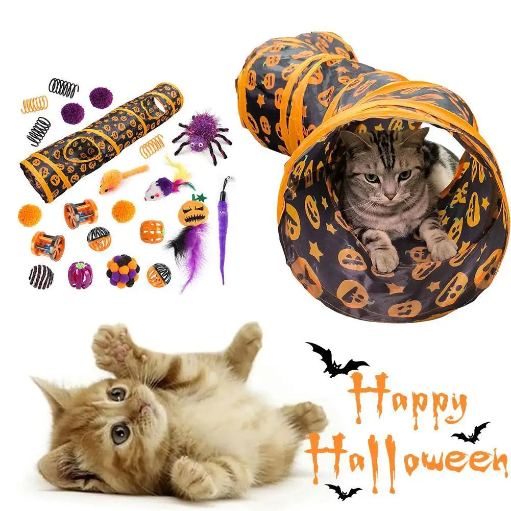 22 Pack Cat Toys Variety Pet Halloween Set Feather Baseball Mouse Bell Folding Square Tunnel Hide And Seek Interactive Set Game