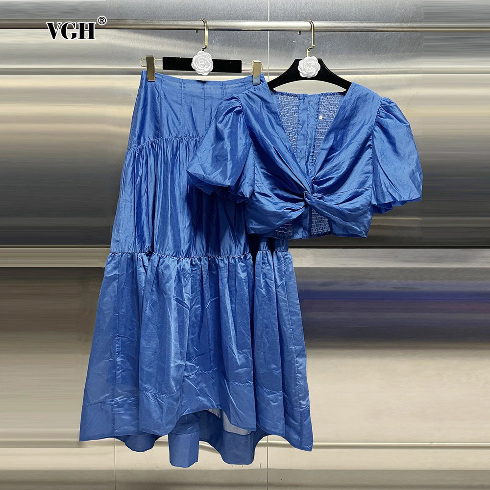 

VGH Minimalist Two Piece Set for Women V Neck Puff Sleeve Spliced Button Top High Waist A Line Folds Skirt Solid Suit Female New