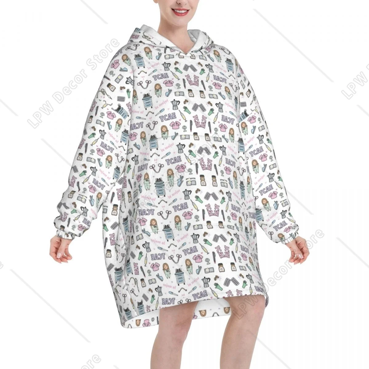 Cartoon Ladies Doctor Wearable Flannel Blanket Hoodie Oversized Hooded Blanket Pullover Sweatshirt Fleece Sherpa Blankets