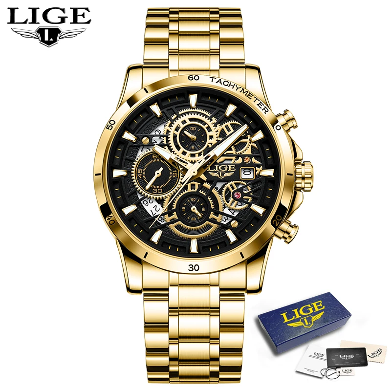 LIGE Fashion Gold Watch Men Military Sport Quartz Mens Watches Top Brand Luxury Full Steel Waterproof Chronograph Reloj Hombre