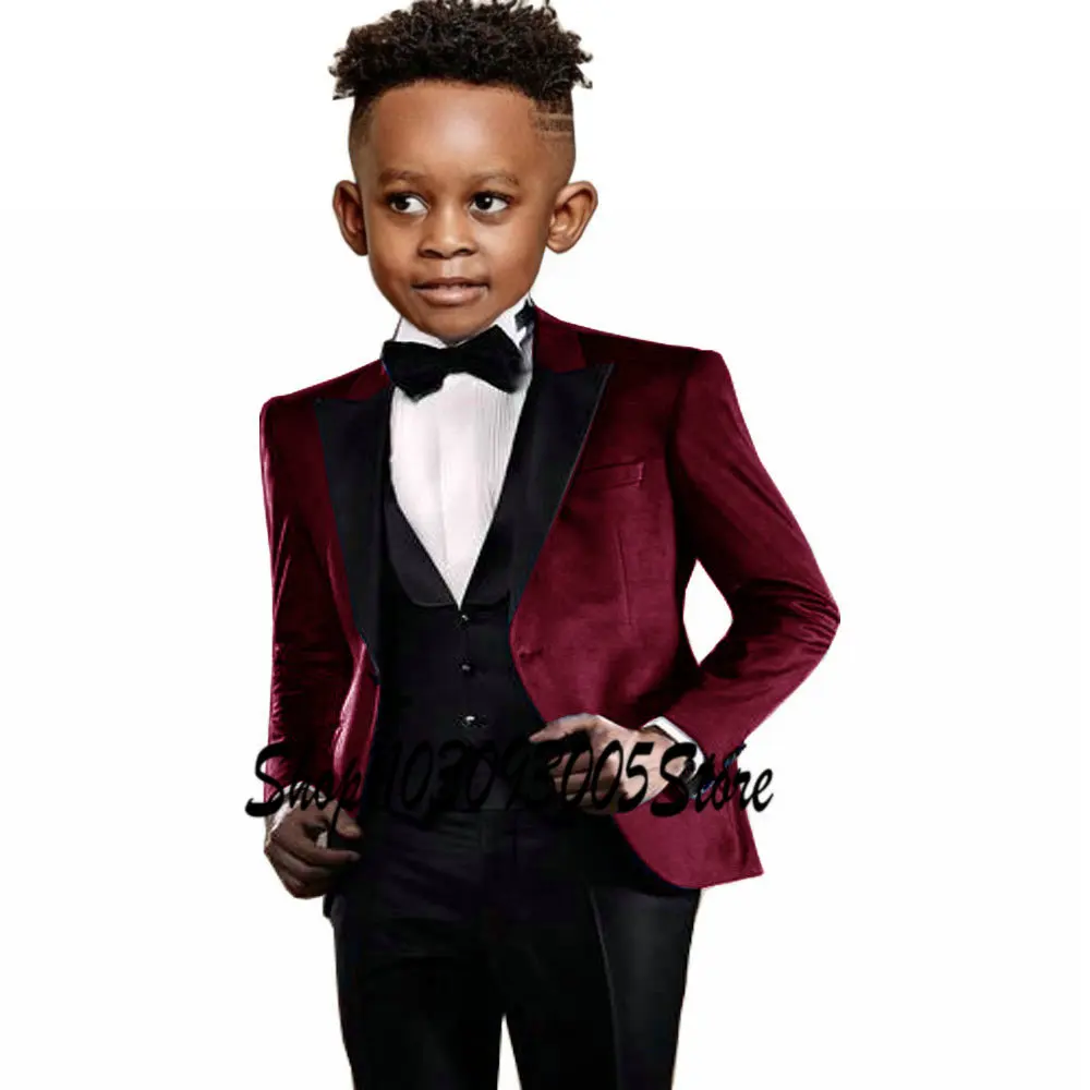 

Children Formal Burgundy Velvet Jacket Black Vest Pants 3PCS Suit Kids Birthday Dress Boys Wedding Performance Evening Wear