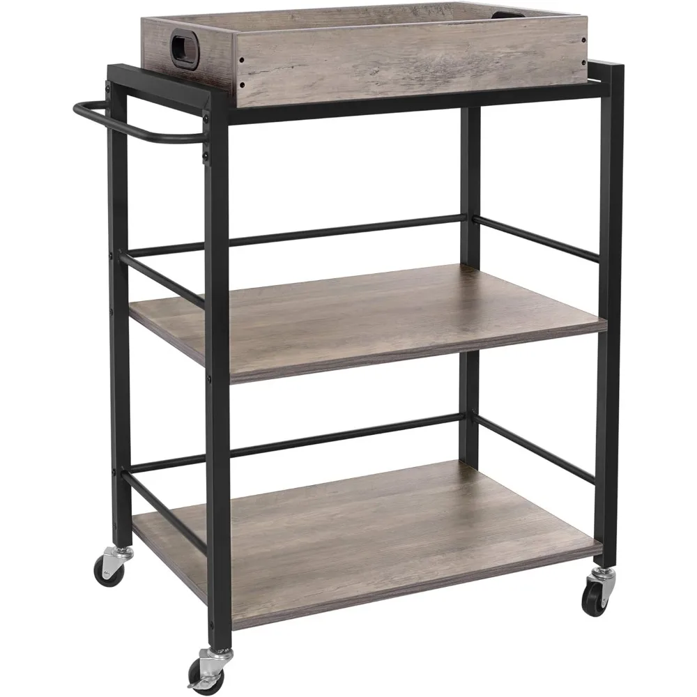 

Industrial Bar Cart for Home, Serving Cart with Wheels and Handle, 3-Tier Beverage Cart with Removable Tray and Storage Shelves