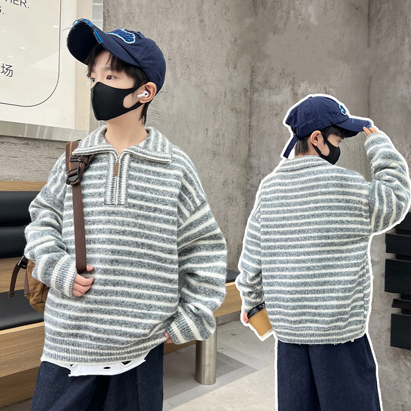 New Autumn Children Fashion Striped Knitted Sweater with Half Zipper for Tween Boy Elegant Casual Pullover Knitwear Age 4 to 14Y