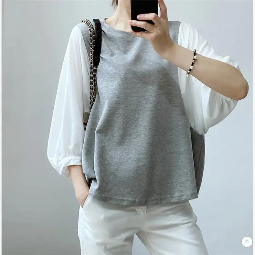 Loose Oversized T-irt with Button Plaid Patchwork Design round Ne ort Sve Summer Top for Women Commute Sle