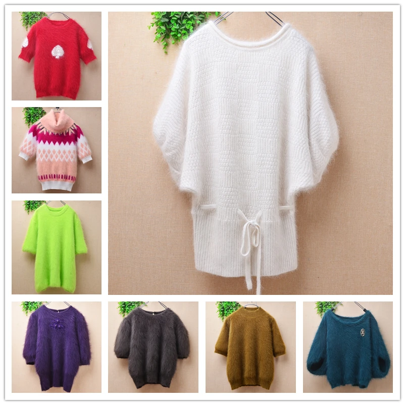 04 Ladies Women Fall Winter Clothing Hairy Angora Rabbit Hair Knitted O-Neck Short Sleeves Slim Blouses Pullover Jumper Sweater