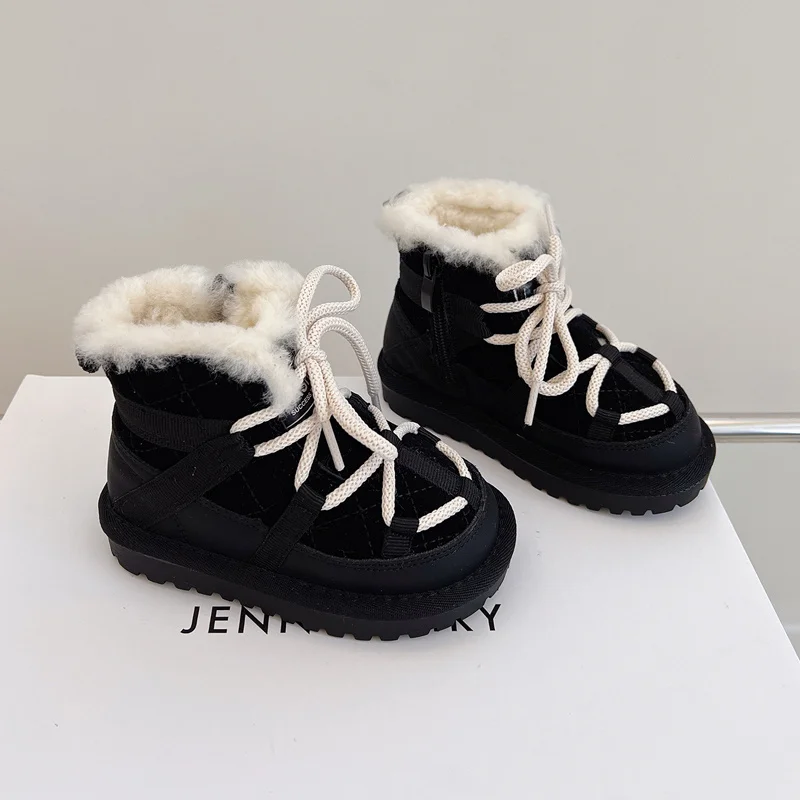 2024 New Winter Children Snow Boots Genuine Leather Warm Plush Toddler Boys Shoes Non-slip Fashion Baby Girls Boots 1-6 Years