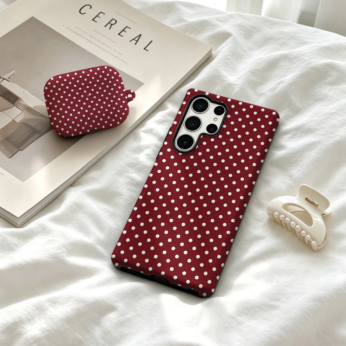 Pirve Phone Case For Samsung Galaxy S26 S25 Ultra S24 S23 Plus Shockproof Double Layer Tough Back Burgundy White Dots Cover