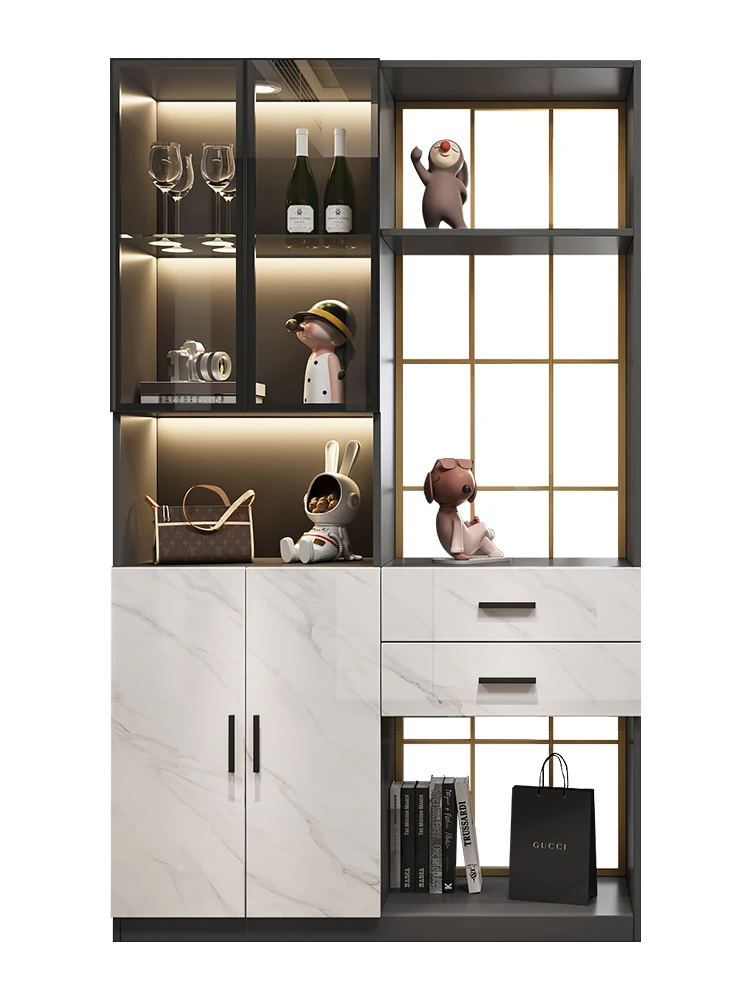 Foyer cabinet, living room partition cabinet,gloss marble door panel, hollowed out iron art entrance screen decorative cabinet