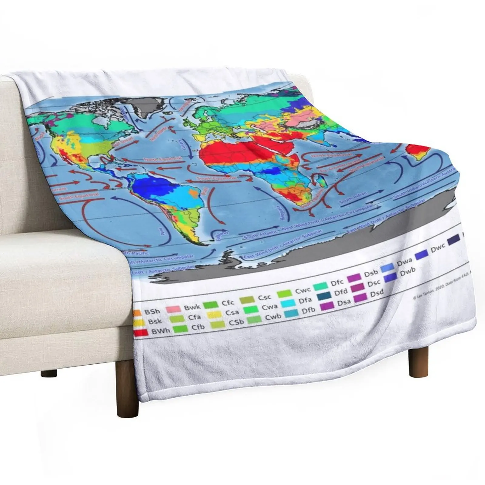 Map of Koppen Climate Zones and Ocean Currents Throw Blanket halloween Plaid on the sofa Bed Fashionable Summer Blankets