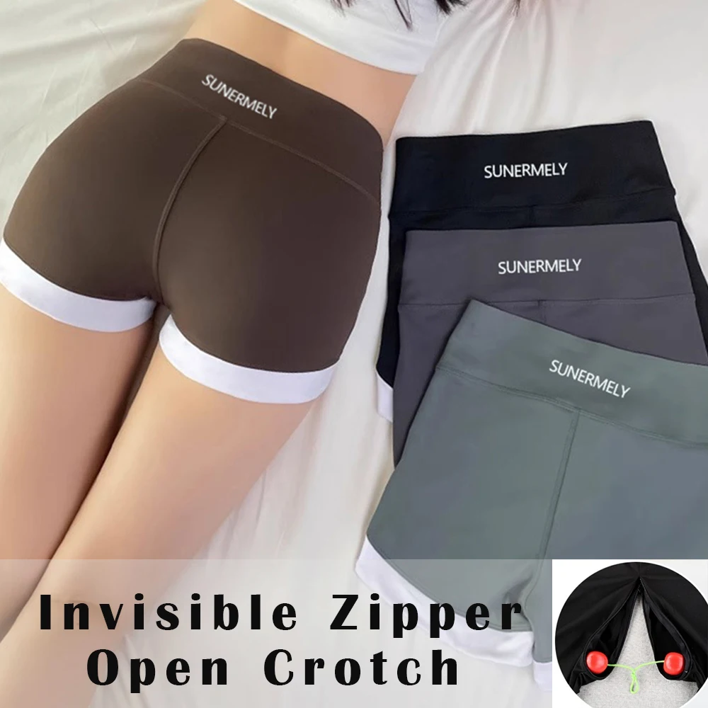 

Invisible Zipper Open Crotch Sexy Shorts Summer Fitness Plus Size Sports High Waist Bottoms