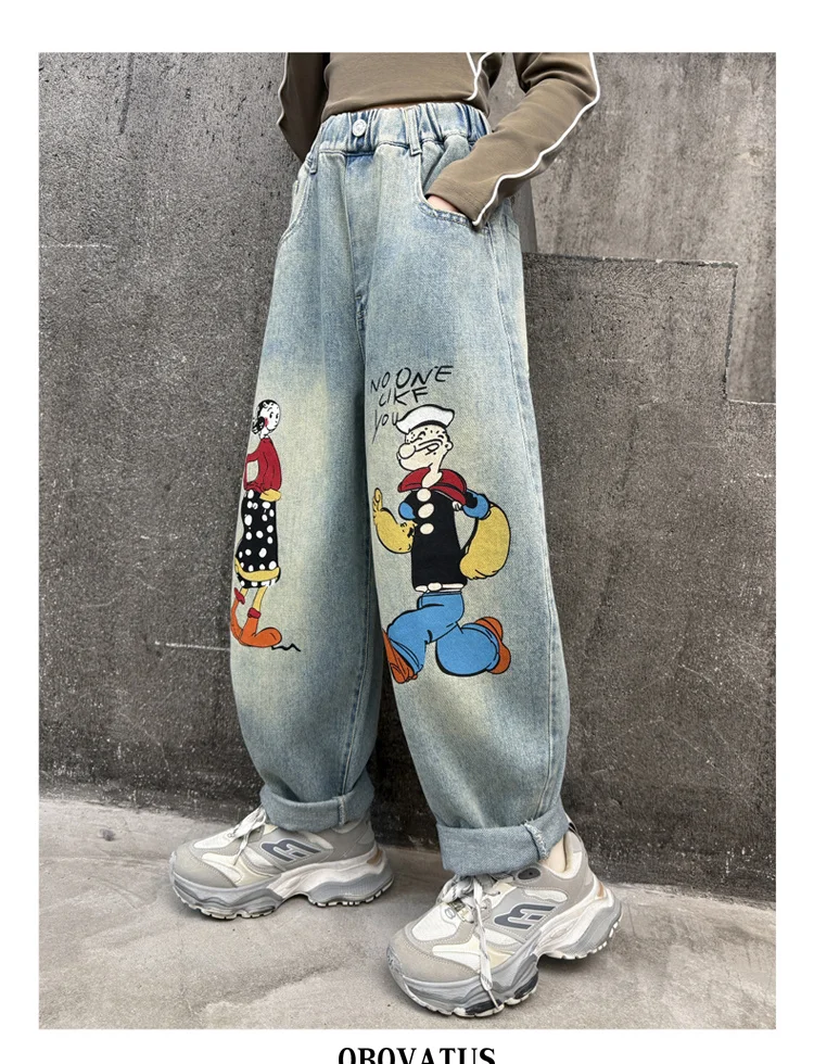 Frühlings-Kinder-Retro-Jeans in Blau mit Marken-Cartoon-Print für Mädchen, Lässige, Lose, Gerade Geschnittene Denim-Hose, Kinderhose mit Hoher Taille – Detail 2