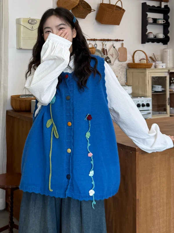 

Свободный вязаный круглый свитер с вышивкой, жилет, осень-зима, новый Sle Forest System, художественный открытый кардиган, женский жилет