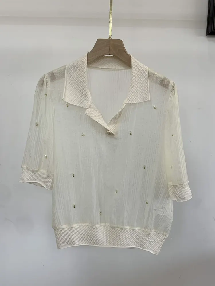 

Fre Simple Knitted Bead Airy Feel Patchwork Collar irt Korean Sle Loose Fit Cotton ort Sve Pure Color Button down