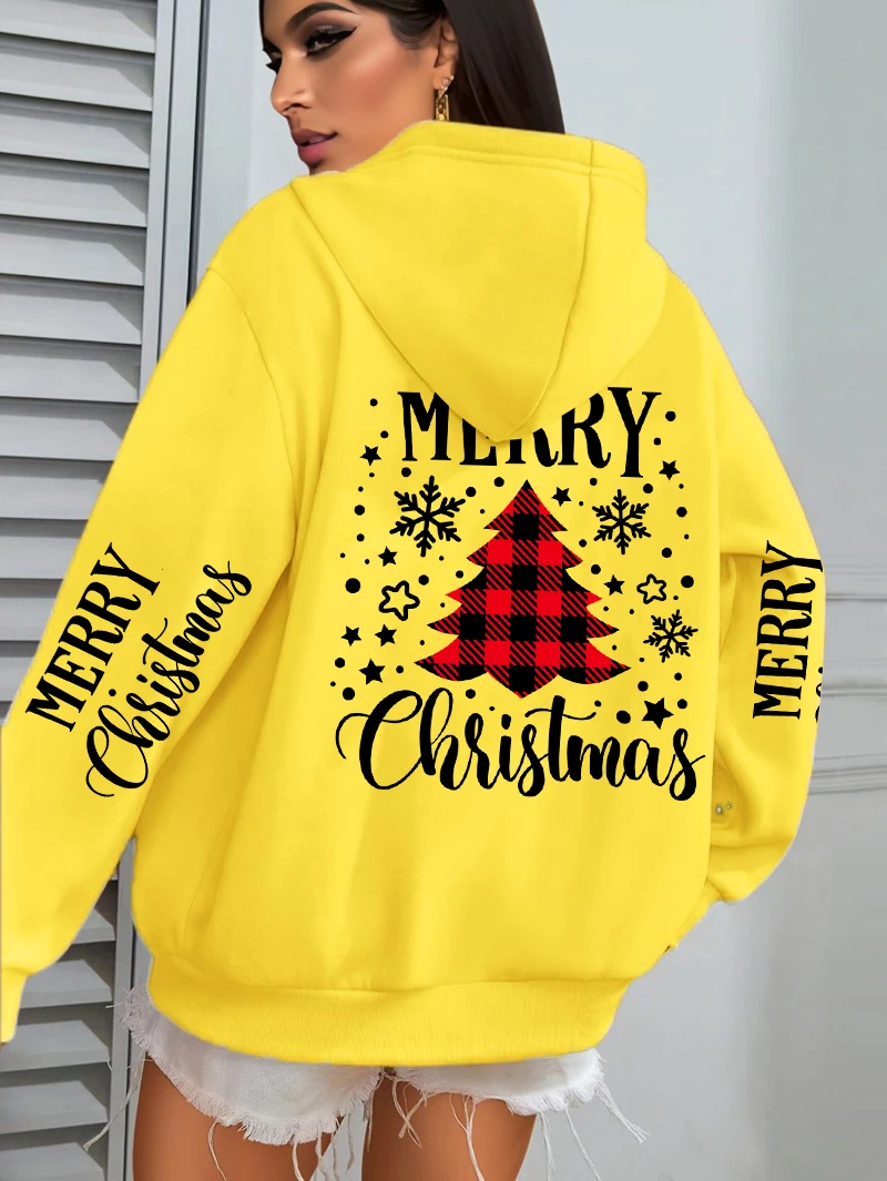 Merry Christmas Red Grid Tree Print Women Hoody Loose Comfortable Hoodie Casual Fleece Sportswear Y2K All-Match Pocket Hoodies
