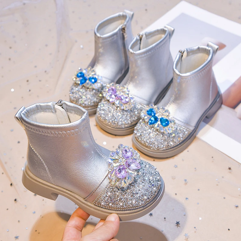 Girls Sequins Ankle Boots Children Princess Catwalk Boots Side Zipper Kids Fashion Leather Boots for Party Wedding Size 23-34