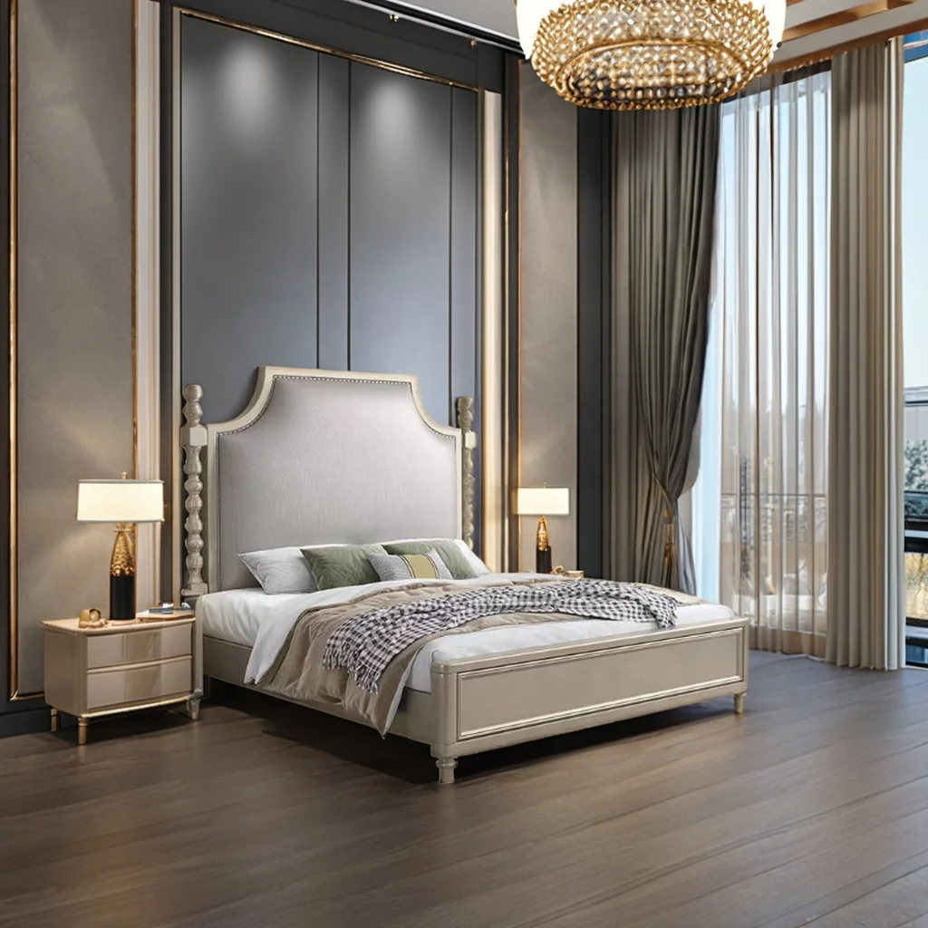 

#Deluxe Modern Simple Double Bed Classic Design Solid Wood Panel Soft Bed for Master Bedroom