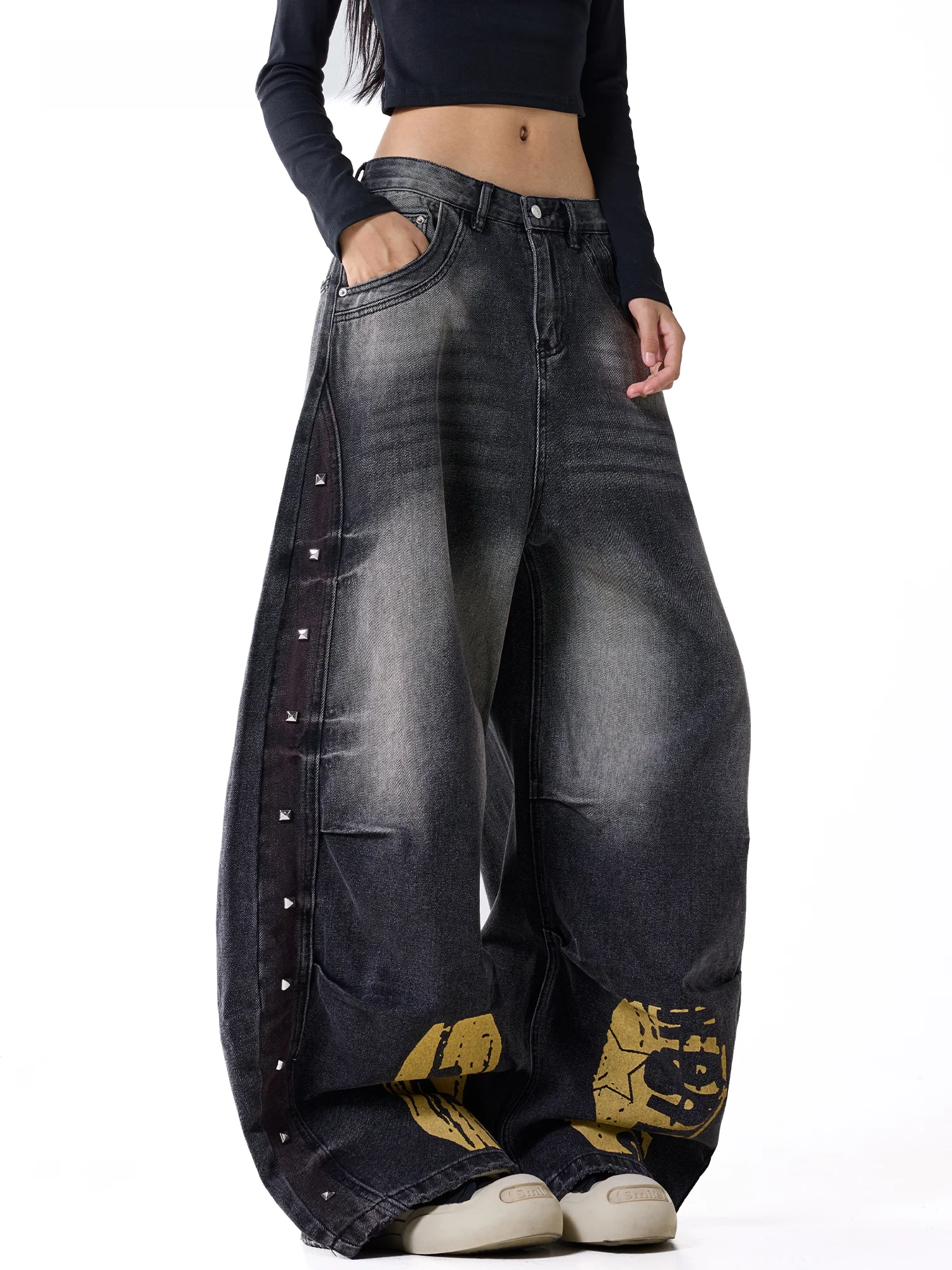 High Waist American Style Wide Leg Jeans Women's Autumn Washed Printed Side Rivet Back Pocket Fashionable Black Denim Pants
