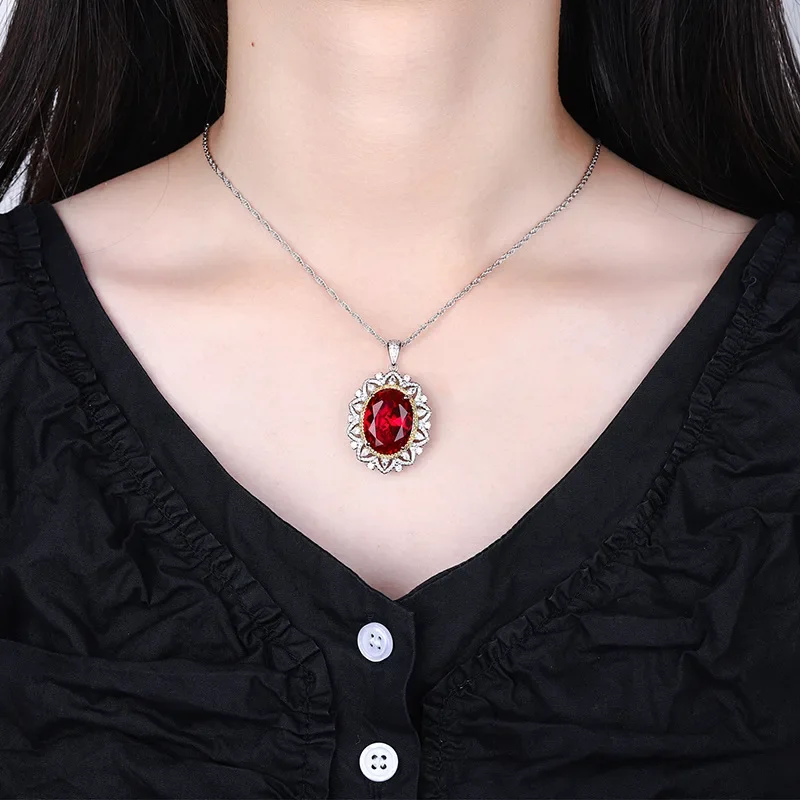 

New jewelry S925 silver plated 18K gold red corundum blue spindle pendant 15*20 artificially cultivated gemstone jewelry