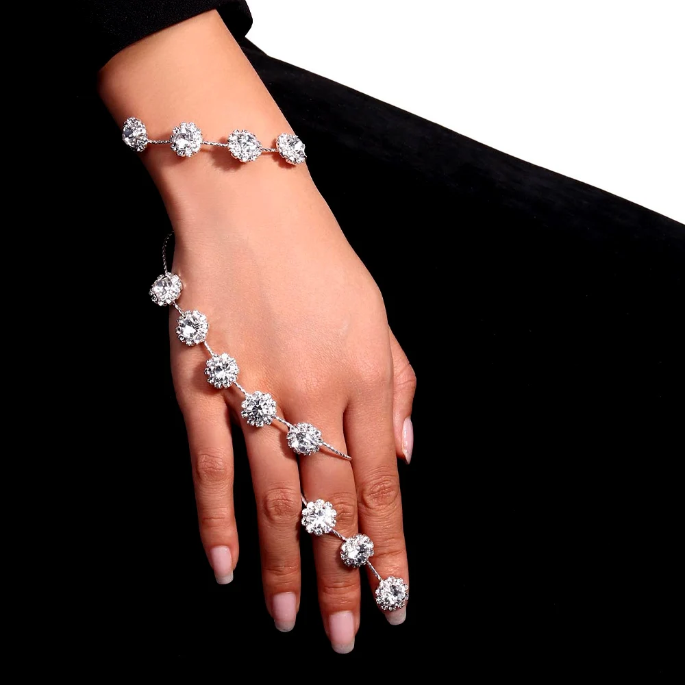 XSBODY Hand Flower Palm Bracelet Cuff Girls Y2k Handmade Zircon Bangle Luxury Adjustable Open Claw bracelet Hand Accessory Gift