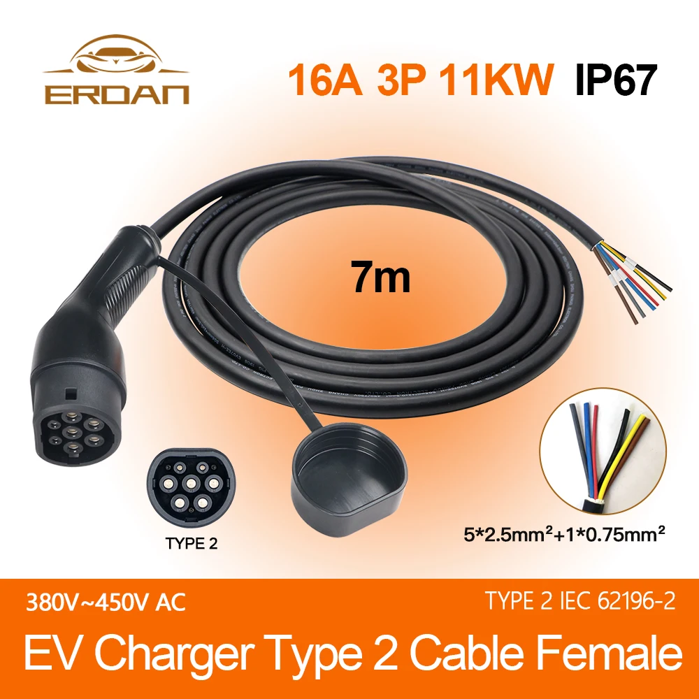 

ERDAN EV Charger Type2 Female Car side Plug With Cable 16A 3Phase Car Charging Station 11KW IEC62196-2 Cord for Electric Vehicle