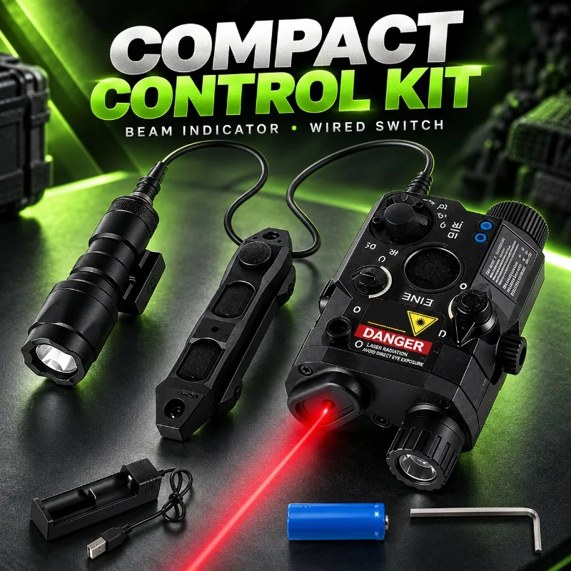 PEQ15‑Style Alloy Hobby Showcase Component, Adjustable Red‑Green Beam Module, Strobe Flashlight Plus Triple‑Key Wired Switch