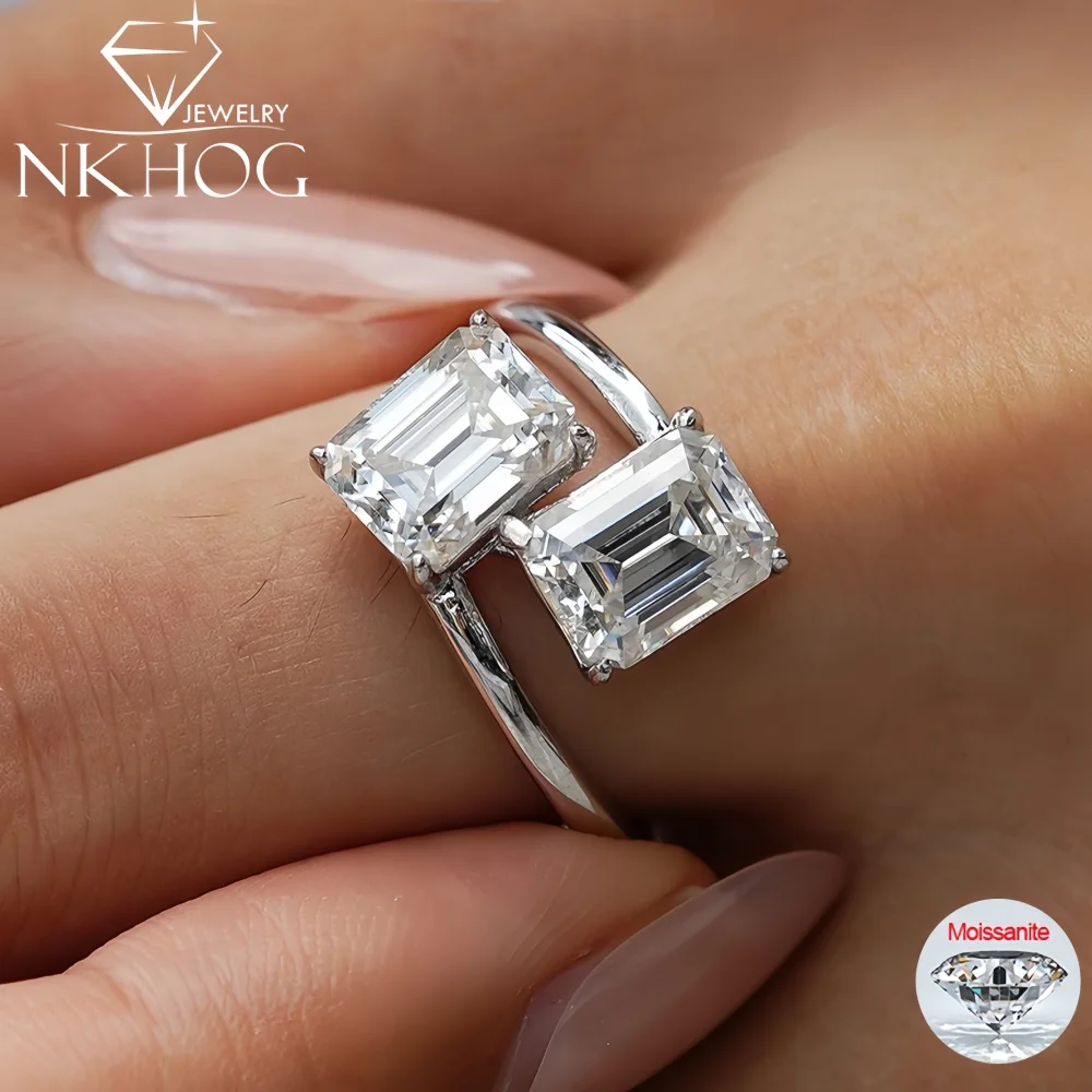 

NKHOG 4CTTW Moissanite Ring For Women Men 925 Sterling Silver Emerald Cut Diamond Wedding Party Band 18K Plated Fine Jewelry GRA