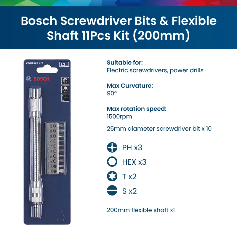 Bosch 11Pcs Screwdriver Bit Kit Flexible Cardan Shaft Holder Connecting Link Electric Drill Snake Hose Extension Rod