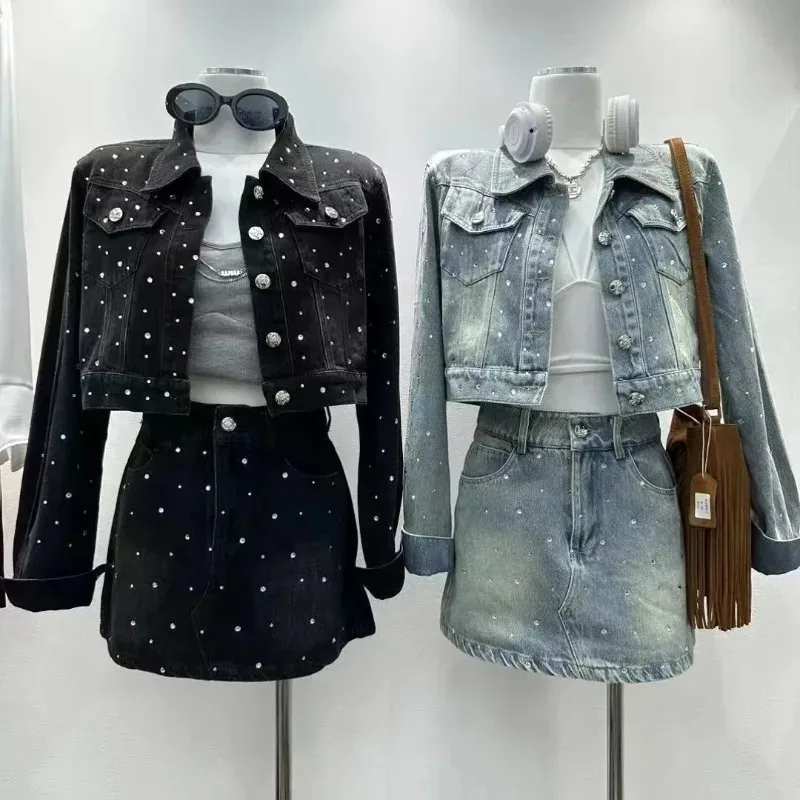 Sweet Temperament Denim Jacket A-line Skirt Two-piece Set Women Fashion Korean Diamond Lapel Solid Spring College Chic Lady Suit