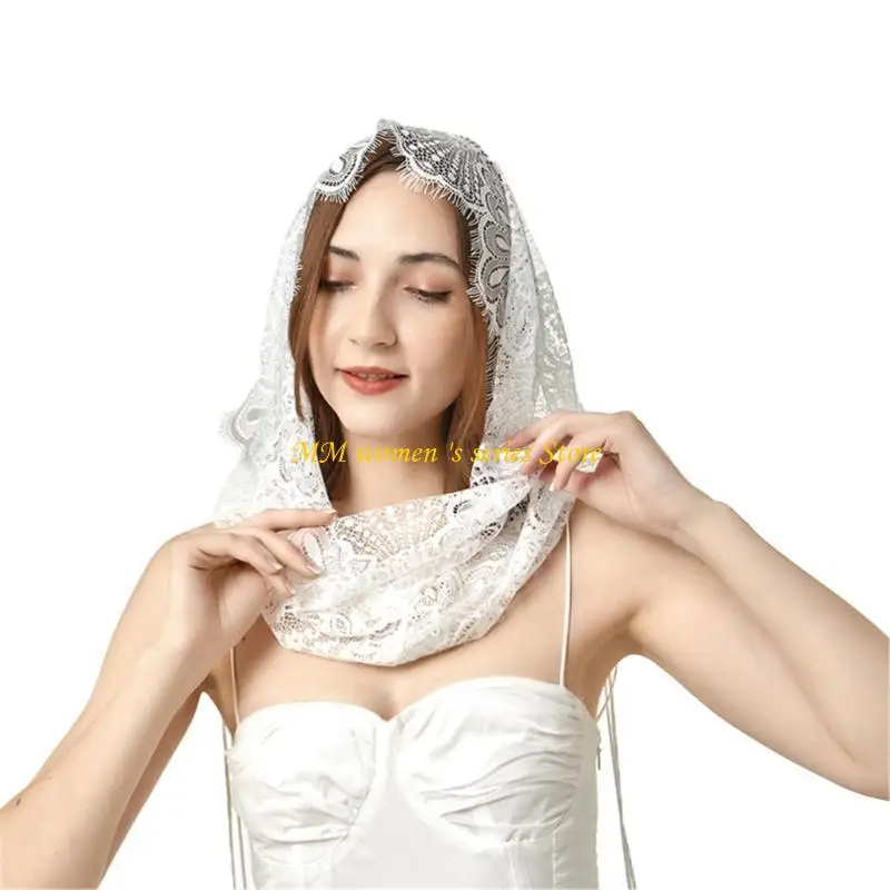 

Q39C Muslims Wedding Veil Mantilla Veil Mass Lace Head Scarf for Church Chapel