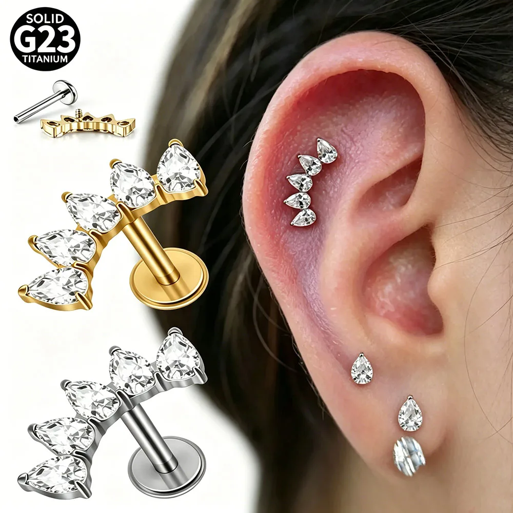 G23 Titanium Waterdrop Zircon Lip Studs Internal Thread Heart Cz Ear Helix Tragus Cartilage Helix Earrings Piercing Jewelry 16G